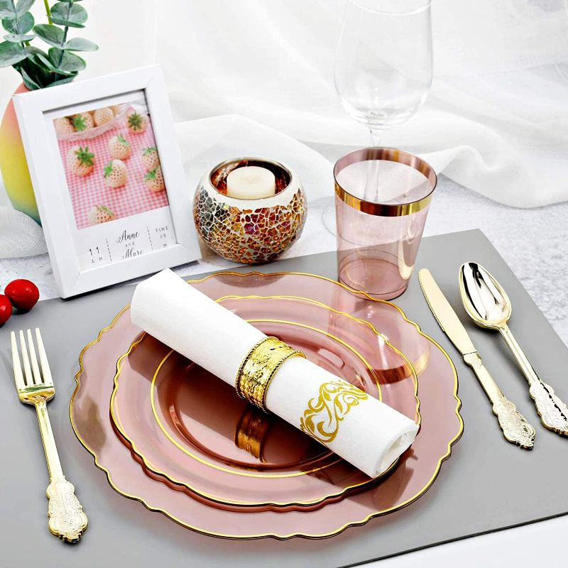 Photo 5 of KIRE 30 Guest Clear Pink Plastic Plates with Gold Rim& Disposable Gold Plastic Silverware &Pink Cups&Hand Napkin- Plum Colored Plastic Dinnerware for Upscale Wedding &Parties& Easter