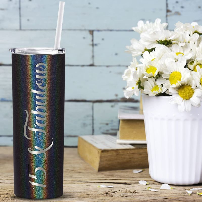 Photo 4 of 15 and Fabulous 20 oz Skinny Tumbler 15th Birthday Gifts For Girls on Black Glitter Decorations Funny Present Vacuum Insulated Cup with Straw Lid