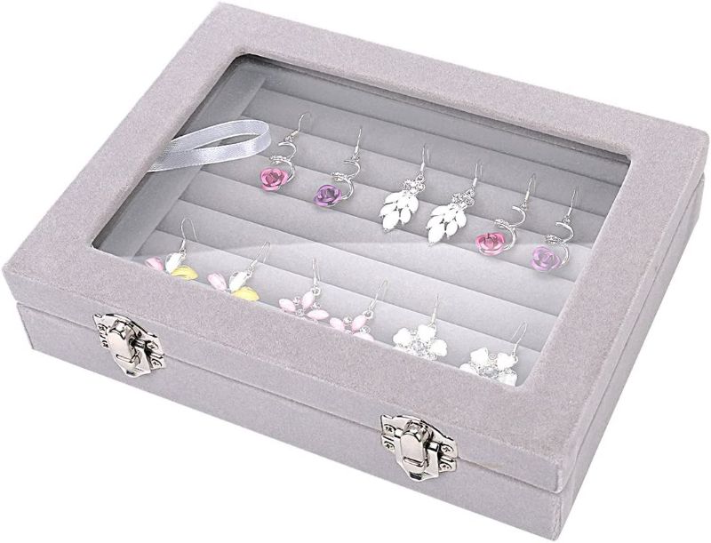 Photo 4 of Ivosmart 7 Slots Velvet Glass Ring Jewellery Display Storage Box Tray Case Holder Earring Organizer Stand Grey