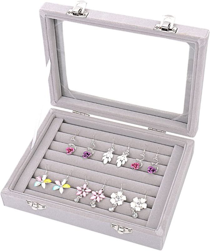 Photo 3 of Ivosmart 7 Slots Velvet Glass Ring Jewellery Display Storage Box Tray Case Holder Earring Organizer Stand Grey