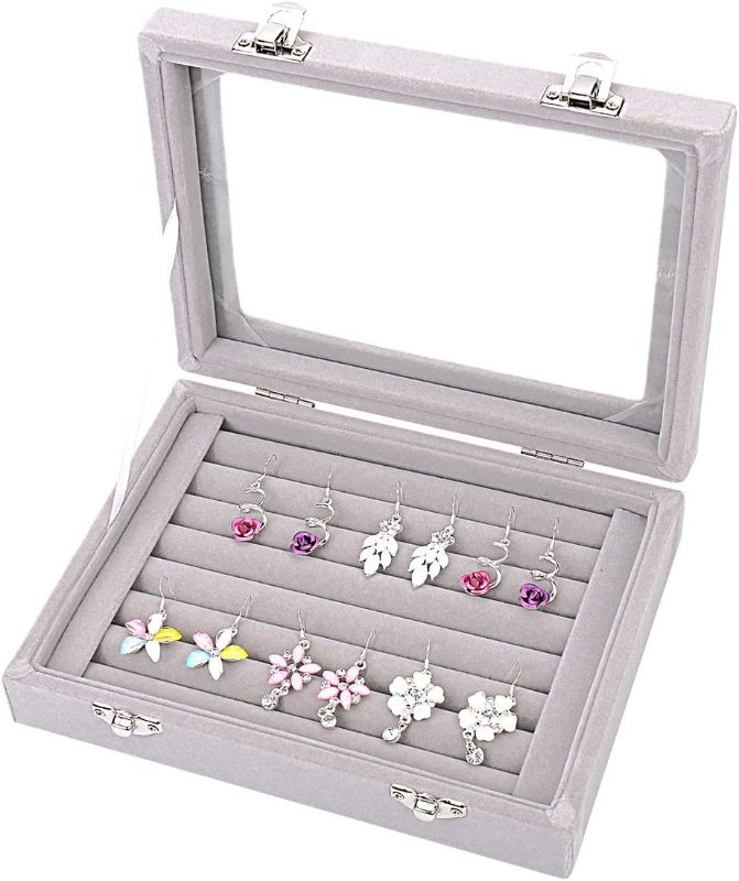 Photo 1 of Ivosmart 7 Slots Velvet Glass Ring Jewellery Display Storage Box Tray Case Holder Earring Organizer Stand Grey