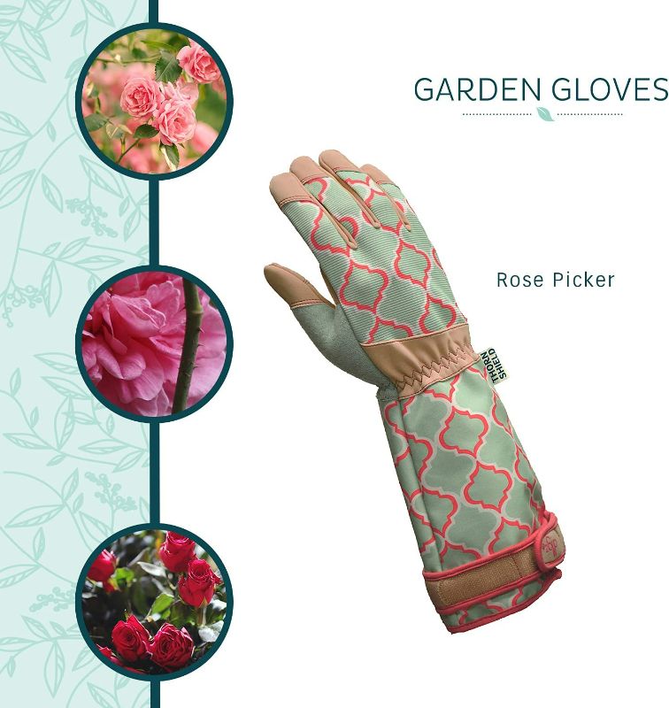 Photo 6 of Digz Rose Pruning Vegan Leather Garden Gloves, Long Forearm Protective Cuff with Touchscreen Compatible Finger Tips, Red Geometric Pattern, Medium