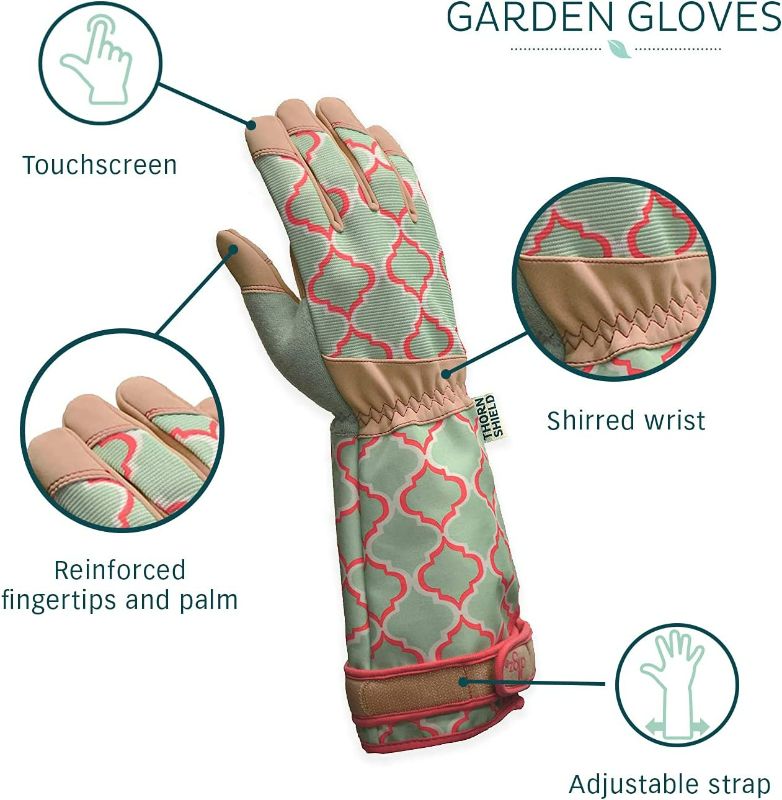 Photo 5 of Digz Rose Pruning Vegan Leather Garden Gloves, Long Forearm Protective Cuff with Touchscreen Compatible Finger Tips, Red Geometric Pattern, Medium