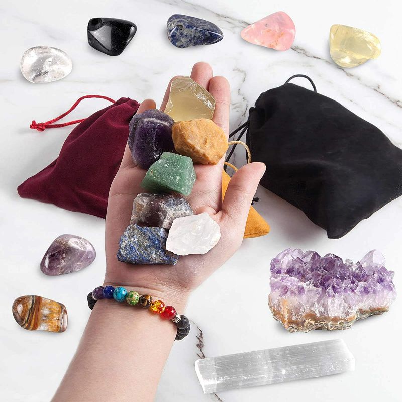 Photo 2 of SmartYeen Healing Crystals Set,17PCS Crystal Healing Stones Kit Include 7 Raw Chakra Stones,7 Tumbled Stones,Amethyst Crystal,Lava Bracelet and Selenite for Yoga, Meditation