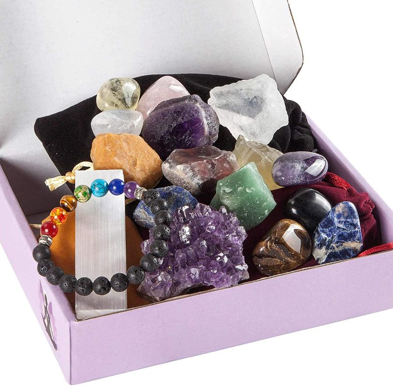 Photo 5 of SmartYeen Healing Crystals Set,17PCS Crystal Healing Stones Kit Include 7 Raw Chakra Stones,7 Tumbled Stones,Amethyst Crystal,Lava Bracelet and Selenite for Yoga, Meditation