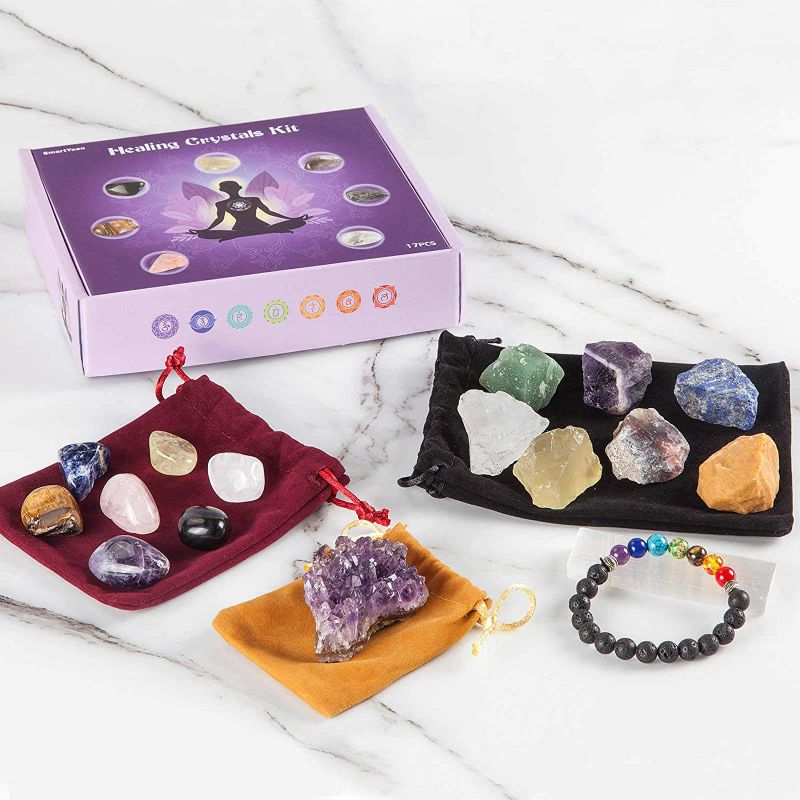 Photo 4 of SmartYeen Healing Crystals Set,17PCS Crystal Healing Stones Kit Include 7 Raw Chakra Stones,7 Tumbled Stones,Amethyst Crystal,Lava Bracelet and Selenite for Yoga, Meditation