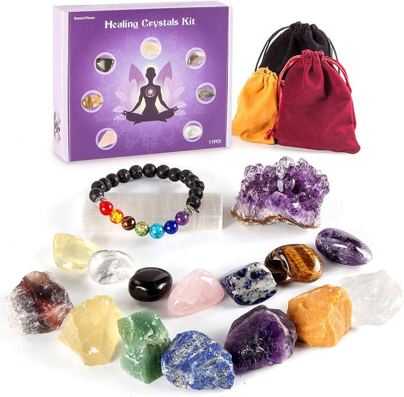 Photo 1 of SmartYeen Healing Crystals Set,17PCS Crystal Healing Stones Kit Include 7 Raw Chakra Stones,7 Tumbled Stones,Amethyst Crystal,Lava Bracelet and Selenite for Yoga, Meditation