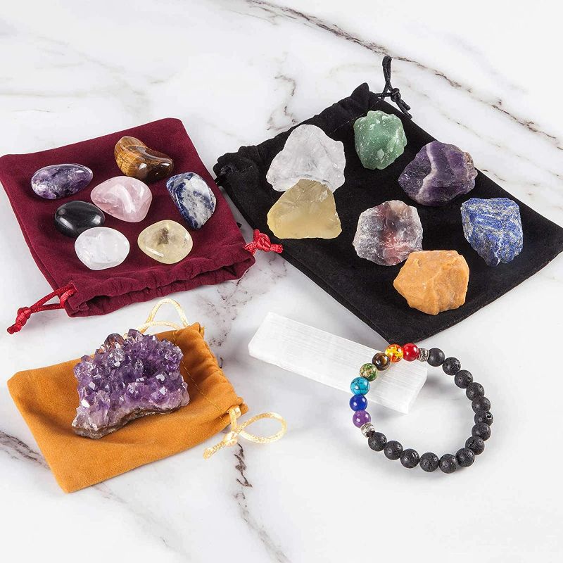 Photo 3 of SmartYeen Healing Crystals Set,17PCS Crystal Healing Stones Kit Include 7 Raw Chakra Stones,7 Tumbled Stones,Amethyst Crystal,Lava Bracelet and Selenite for Yoga, Meditation