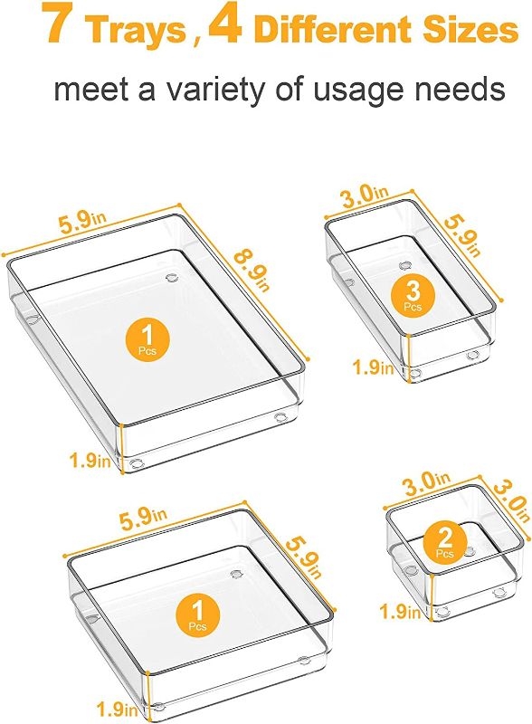 Photo 3 of SMARTAKE 7-Piece Drawer Organizer with Non-Slip Silicone Pads, 4-Size Desk Drawer Organizer Trays Storage Tray for Makeup, Jewelries, Utensils in Bedroom Dresser, Office and Kitchen (Clear)