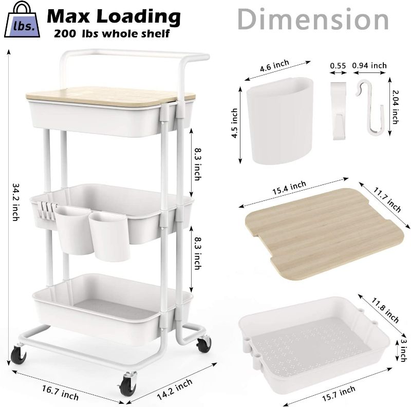 Photo 2 of DTK 3 Tier Utility Rolling Cart with Cover Board, Rolling Storage Cart with Handle and Locking Wheels Kitchen Cart with 2 Small Baskets and 4 Hooks for Bathroom Office Balcony Living Room(White)