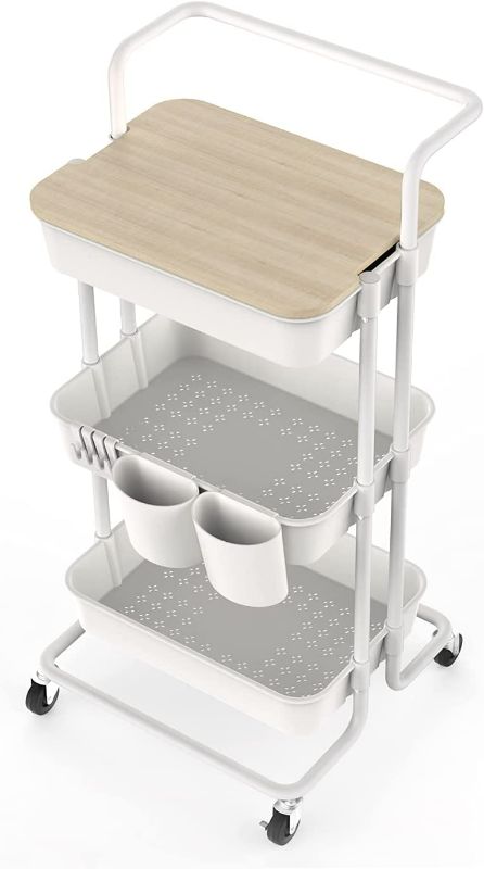 Photo 1 of DTK 3 Tier Utility Rolling Cart with Cover Board, Rolling Storage Cart with Handle and Locking Wheels Kitchen Cart with 2 Small Baskets and 4 Hooks for Bathroom Office Balcony Living Room(White)