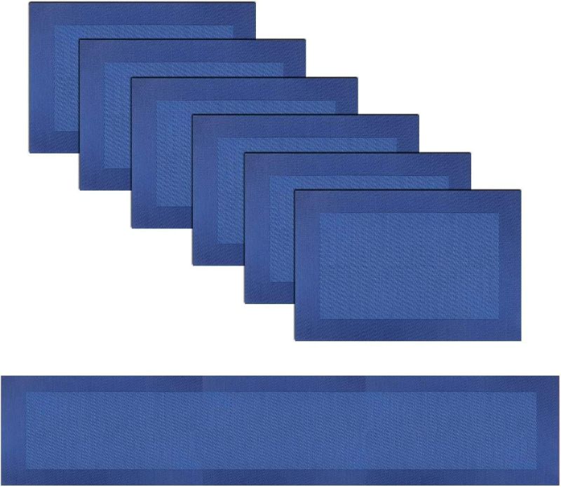 Photo 1 of Panda Palm Vinyl Placemats Set of 6 Vinyl Heat-Resistant Table Mats with Matching a Same-Style 72 inches Table Runner(7pcs,Blue)