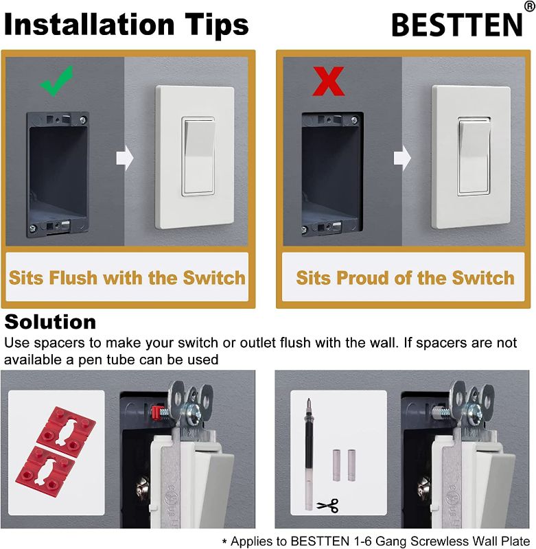 Photo 4 of [10 Pack] BESTTEN 2-Gang USWP4 White Series Screwless Wall Plate, Decorative Outlet Cover, H4.69” x W4.73”, for Light Switch, Dimmer, USB, GFCI, Receptacle