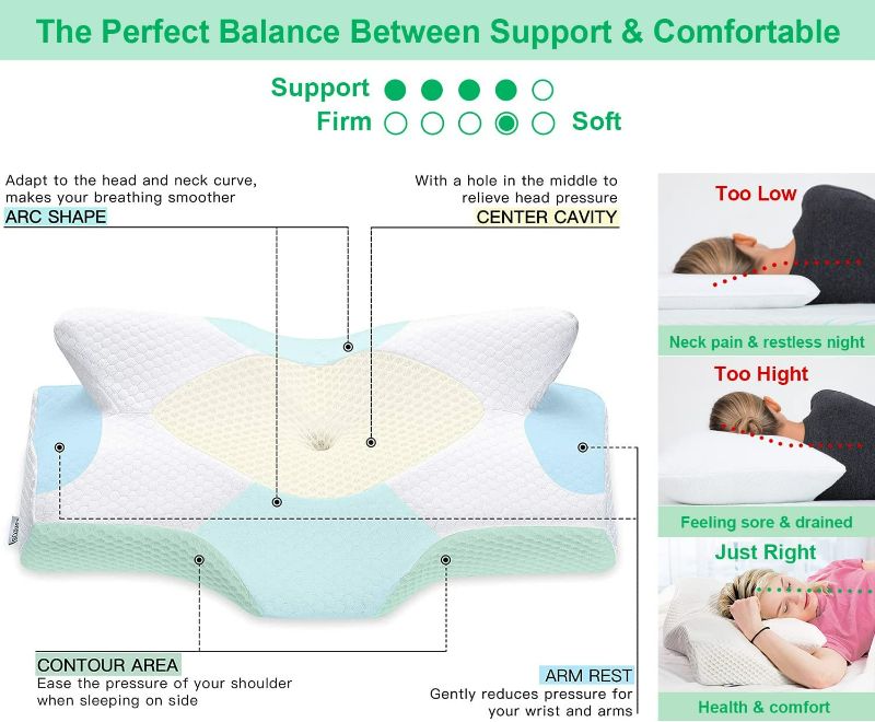 Photo 3 of Elviros Cervical Memory Foam Pillow, Contour Pillows for Neck and Shoulder Pain, Ergonomic Orthopedic Sleeping Neck Contoured Support Pillow for Side Sleepers, Back and Stomach Sleepers (White)