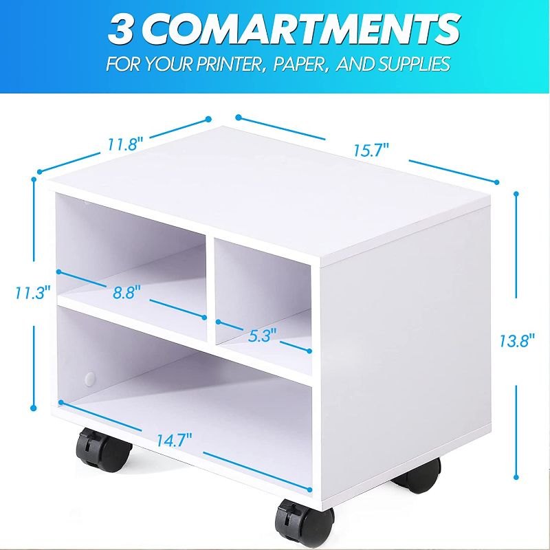 Photo 4 of FITUEYES Under Desk Printer Stand with 3 Storage Organizer Compartments, White Mobile Small Printer Table Work Cart on Removable Casters for Home Office, 15.7 in. W x 11.8 in. D x 13.8 in. H