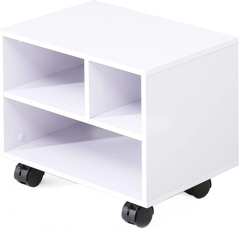 Photo 1 of FITUEYES Under Desk Printer Stand with 3 Storage Organizer Compartments, White Mobile Small Printer Table Work Cart on Removable Casters for Home Office, 15.7 in. W x 11.8 in. D x 13.8 in. H