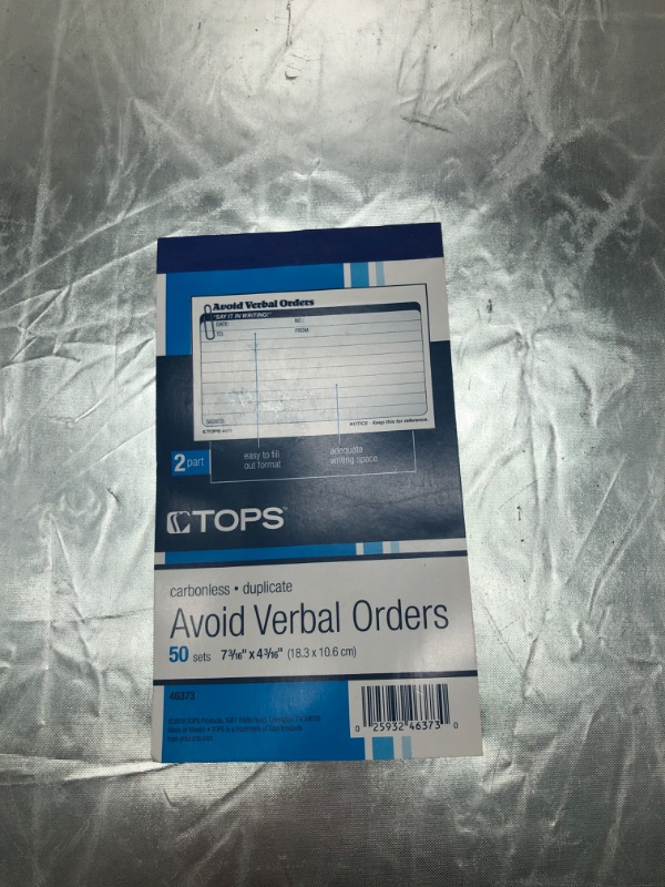 Photo 3 of TOPS Avoid Verbal Orders Book, 2-Part, Carbonless, White and Canary, 4.25 x 6.25 Inches, 50 Sets per Book (46373)