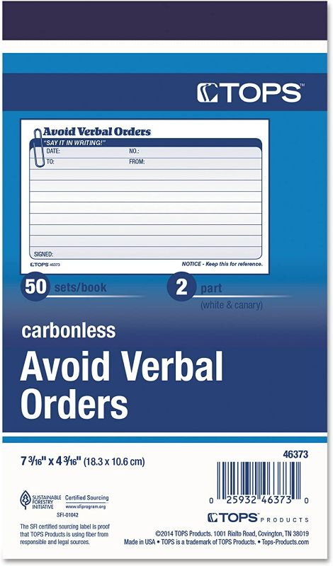 Photo 1 of TOPS Avoid Verbal Orders Book, 2-Part, Carbonless, White and Canary, 4.25 x 6.25 Inches, 50 Sets per Book (46373)