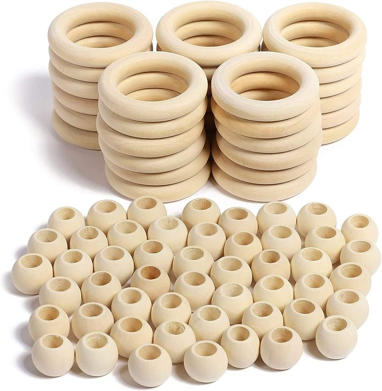 Photo 1 of 80 Pieces Wooden Beads and Rings Set for DIY Crafts and Macrame for DIY Pendant Connectors, Jewelry Making, Wall Hanging Craft, Art (Rings 2.2 In/ Beads .78 In)