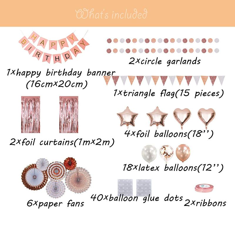 Photo 2 of Rose Gold Birthday Party Decorations for Girls and Women, Party Supplies Set, Star and Heart Balloons, Happy Birthday Banner, Paper Fans, Curtains, Glitter Circle Garlands and Pennant Bunting Flag