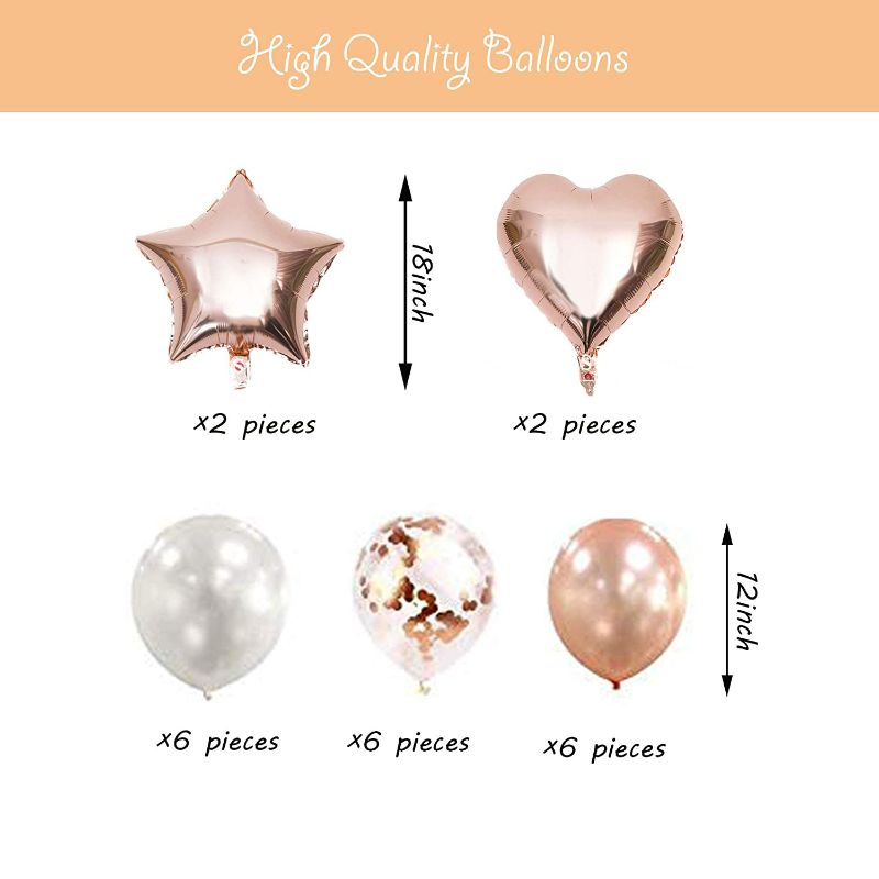 Photo 6 of Rose Gold Birthday Party Decorations for Girls and Women, Party Supplies Set, Star and Heart Balloons, Happy Birthday Banner, Paper Fans, Curtains, Glitter Circle Garlands and Pennant Bunting Flag