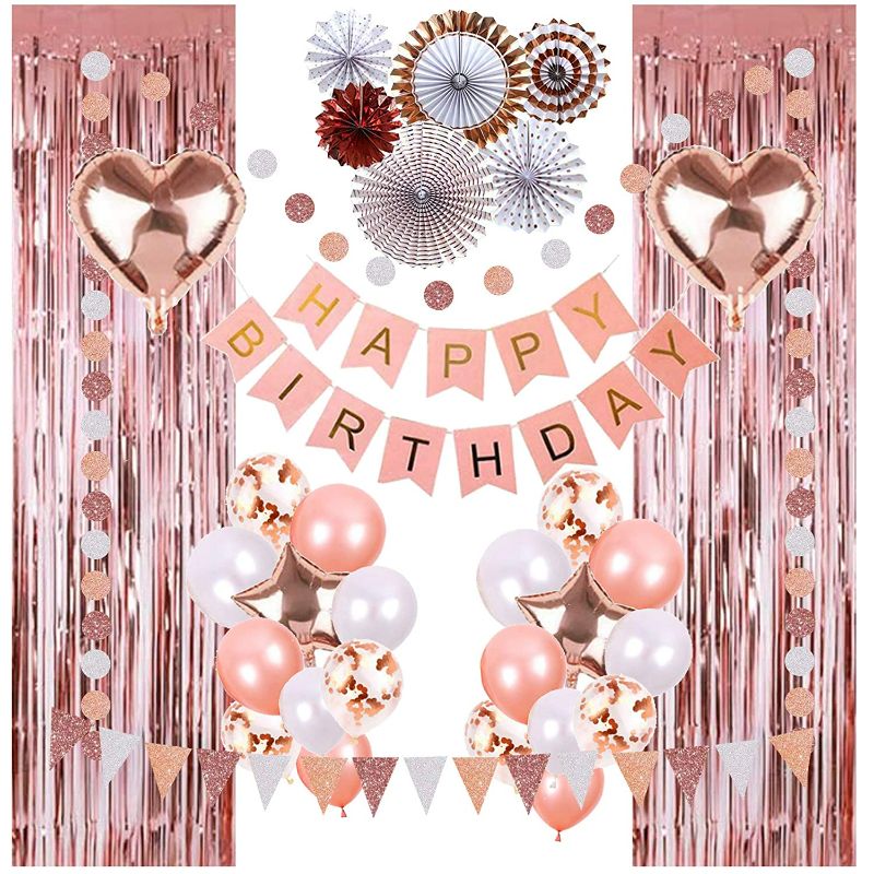 Photo 1 of Rose Gold Birthday Party Decorations for Girls and Women, Party Supplies Set, Star and Heart Balloons, Happy Birthday Banner, Paper Fans, Curtains, Glitter Circle Garlands and Pennant Bunting Flag
