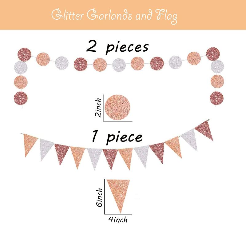 Photo 5 of Rose Gold Birthday Party Decorations for Girls and Women, Party Supplies Set, Star and Heart Balloons, Happy Birthday Banner, Paper Fans, Curtains, Glitter Circle Garlands and Pennant Bunting Flag