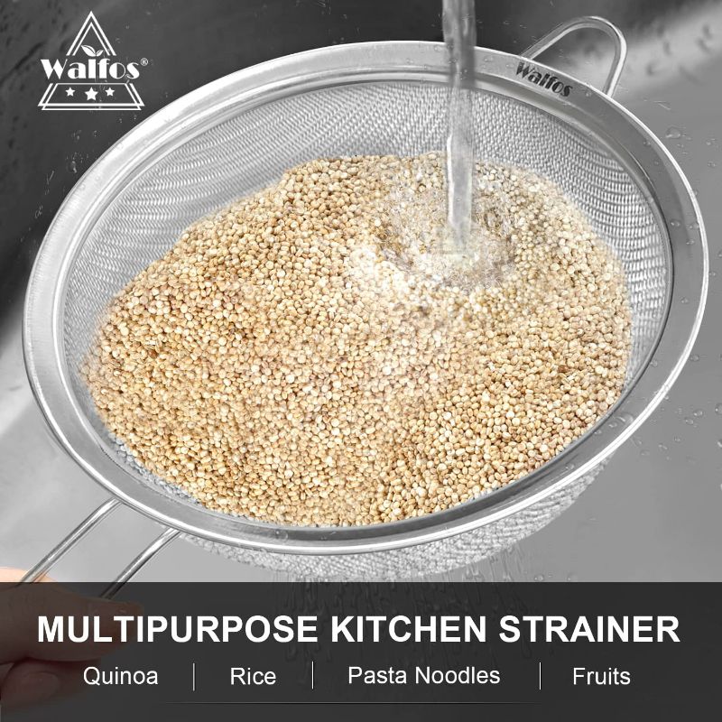 Photo 1 of Walfos Fine Mesh Strainers Set, Premium Stainless Steel Colanders and Sifters, with Reinforced Frame and Sturdy Handle, Perfect for Sift, Strain, Drain and Rinse Vegetables, Pastas and Tea - 3 Sizes