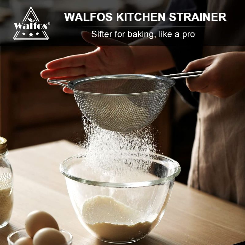 Photo 6 of Walfos Fine Mesh Strainers Set, Premium Stainless Steel Colanders and Sifters, with Reinforced Frame and Sturdy Handle, Perfect for Sift, Strain, Drain and Rinse Vegetables, Pastas and Tea - 3 Sizes