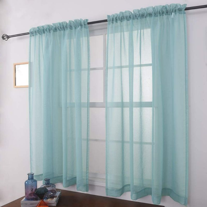 Photo 3 of MYSTIC-HOME Sheer Curtains 63 Inch Length, Rod Pocket Voile Drapes for Living Room, Bedroom, Window Treatments Semi Crinkle Curtain Panels for Yard, Patio, Parlor, Set of 2, 52"x 63", Grey Teal