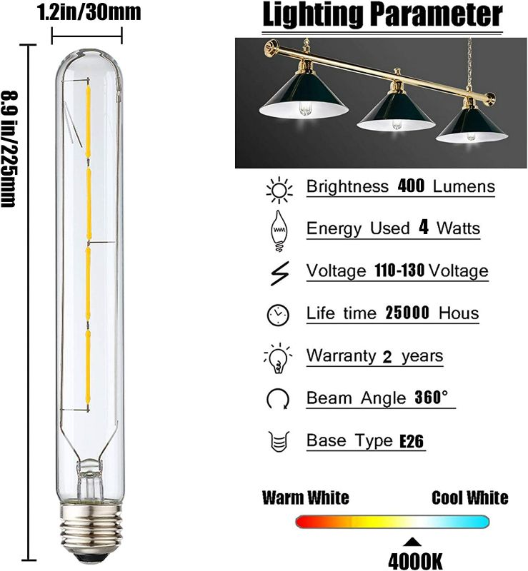 Photo 7 of Leools T10 Led Long Bulbs,Dimmable Tubular Bulb 4W,Equivalent 40Watt,400LM,E26 Tube Edison Style Vintage LED Filament Light Bulb,Daylight 4000K,8.9in(225mm),4-Pack.