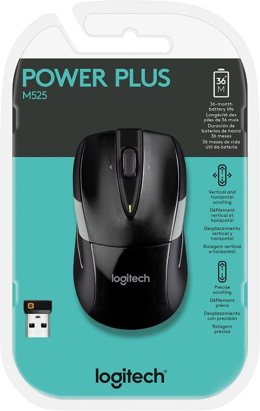 Photo 3 of Logitech M525 Wireless Mouse – Long 3 Year Battery Life, Ergonomic Shape for Right or Left Hand Use, Micro-Precision Scroll Wheel, and USB Unifying Receiver for Computers and Laptops, Black/Gray Mouse Black/Gray Standard Packaging