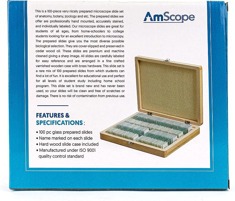 Photo 4 of AmScope PS100A Prepared Microscope Slide Set for Basic Biological Science Education, 100 Slides, Set A, Includes Fitted Wooden Case
