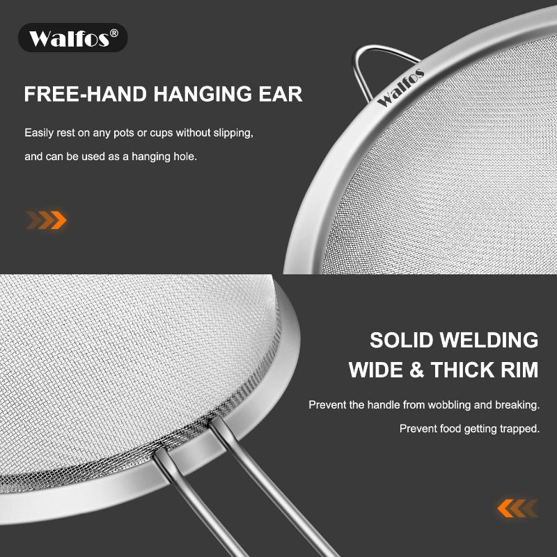 Photo 3 of Walfos Fine Mesh Strainers Set, Premium Stainless Steel Colanders and Sifters, with Reinforced Frame and Sturdy Handle, Perfect for Sift, Strain, Drain and Rinse Vegetables, Pastas and Tea - 3 Sizes