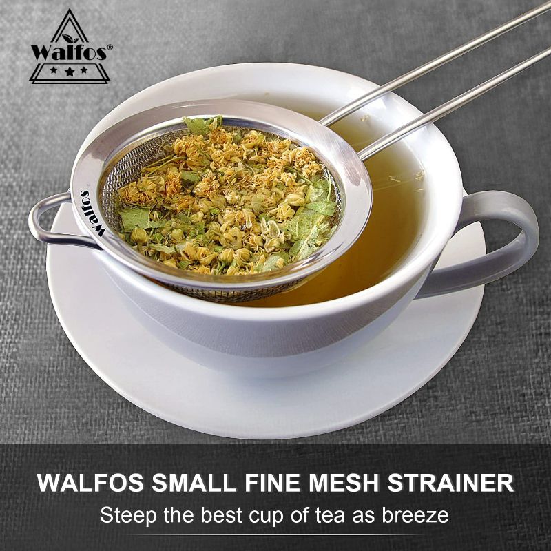 Photo 7 of Walfos Fine Mesh Strainers Set, Premium Stainless Steel Colanders and Sifters, with Reinforced Frame and Sturdy Handle, Perfect for Sift, Strain, Drain and Rinse Vegetables, Pastas and Tea - 3 Sizes