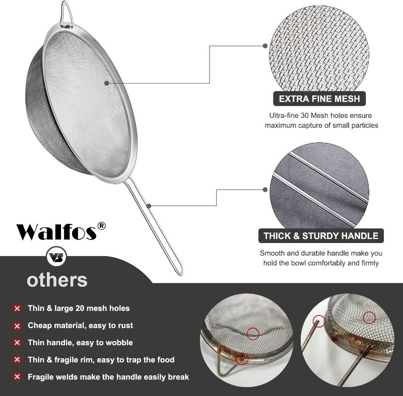 Photo 4 of Walfos Fine Mesh Strainers Set, Premium Stainless Steel Colanders and Sifters, with Reinforced Frame and Sturdy Handle, Perfect for Sift, Strain, Drain and Rinse Vegetables, Pastas and Tea - 3 Sizes
