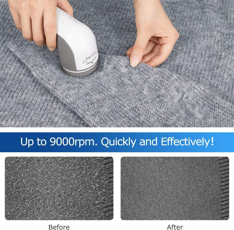 Photo 3 of BEAUTURAL Fabric Shaver and Lint Remover, Sweater Defuzzer with 2-Speeds, 2 Replaceable Stainless Steel Blades, Battery Operated, Remove Clothes Fuzz, Lint Balls, Pills, Bobbles Gray Basic