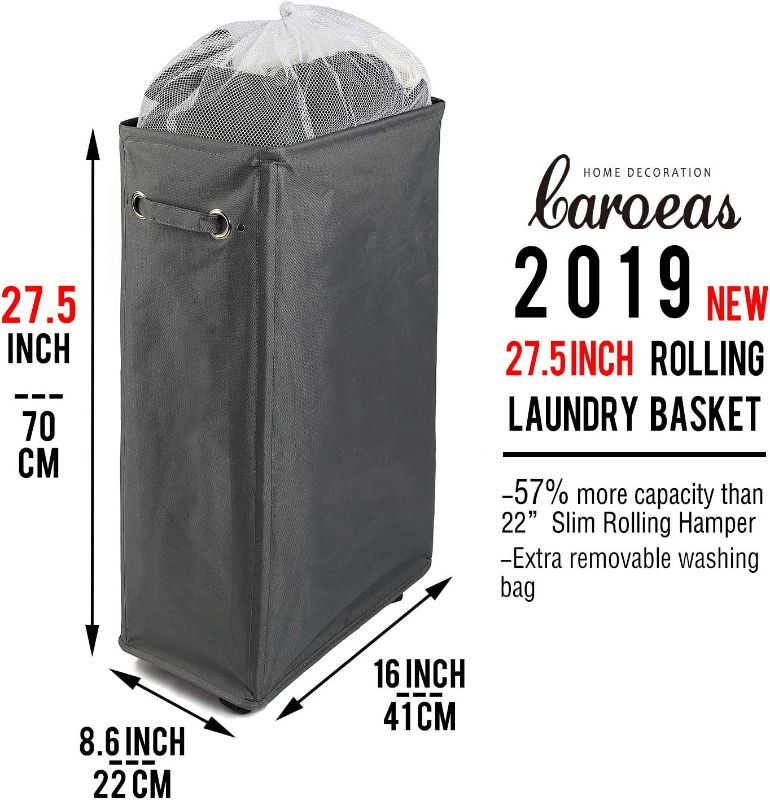 Photo 2 of Laundry Hamper, Caroeas 27inch X-Large Rolling Laundry Basket Collapsible Tall Slim Laundry Hamper with Washable & Breathable Mesh Liner Waterproof & Dustproof Laundry Cart on Wheels (Grey)