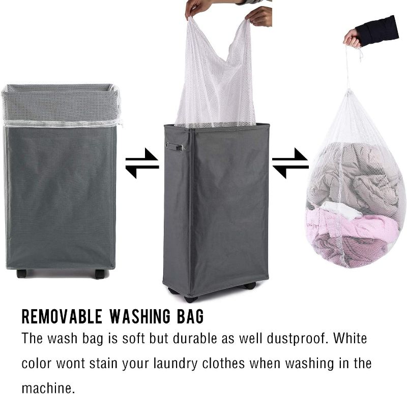 Photo 4 of Laundry Hamper, Caroeas 27inch X-Large Rolling Laundry Basket Collapsible Tall Slim Laundry Hamper with Washable & Breathable Mesh Liner Waterproof & Dustproof Laundry Cart on Wheels (Grey)