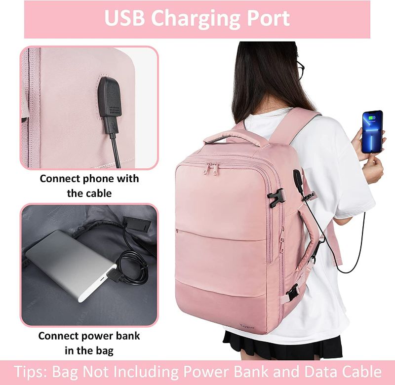 Photo 2 of Travel Backpack for Women, Carry On Backpack with USB Charging Port & Shoe Pouch, TSA 15.6inch Laptop Backpack Flight Approved, College Bag Casual Daypack for Weekender Business Hiking, Pink