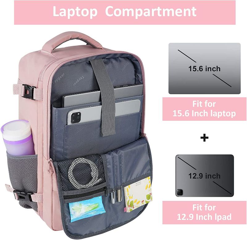 Photo 3 of Travel Backpack for Women, Carry On Backpack with USB Charging Port & Shoe Pouch, TSA 15.6inch Laptop Backpack Flight Approved, College Bag Casual Daypack for Weekender Business Hiking, Pink