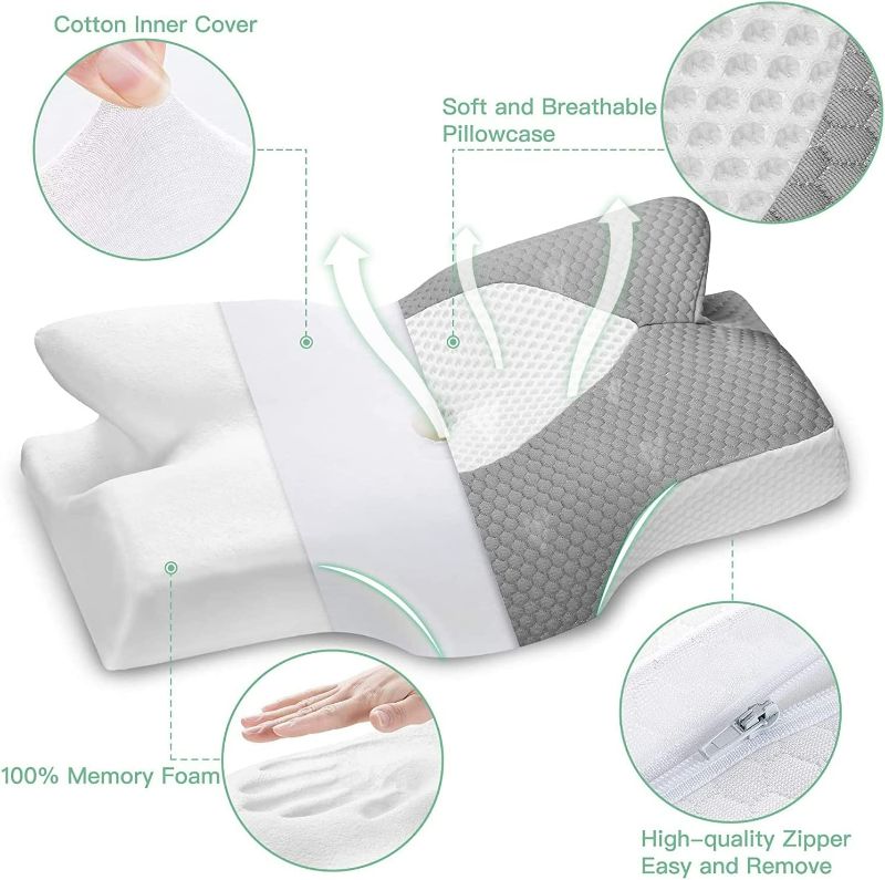 Photo 3 of Elviros Cervical Memory Foam Pillow, Contour Pillows for Neck and Shoulder Pain, Ergonomic Orthopedic Sleeping Neck Contoured Support Pillow for Side Sleepers, Back and Stomach Sleepers (Grey)
