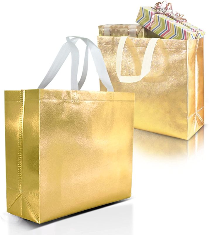 Photo 1 of 15 Gold Gift Bags Set, Non-woven Reusable Gift Bags With Glossy Gold Finish - Ideal As Eco-Friendly Birthday Bag, Favor Bags, Goodie bags, Party Bags, Wedding Welcome Bag, Bachelorette Party favors
