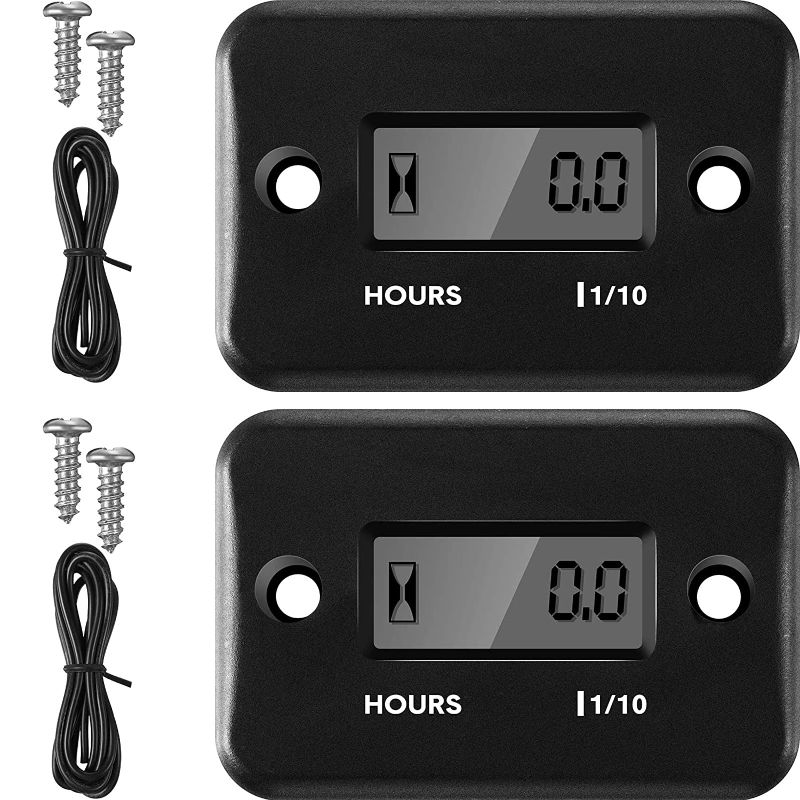 Photo 1 of 2 Pieces Inductive Hour Meter for Gas Engine Lawn Mower Dirt Bike Motorcycle Motocross Snowmobile Karting Marine ATV Boat Outboard Motor Generator Waterproof Hour Meters (Black)
