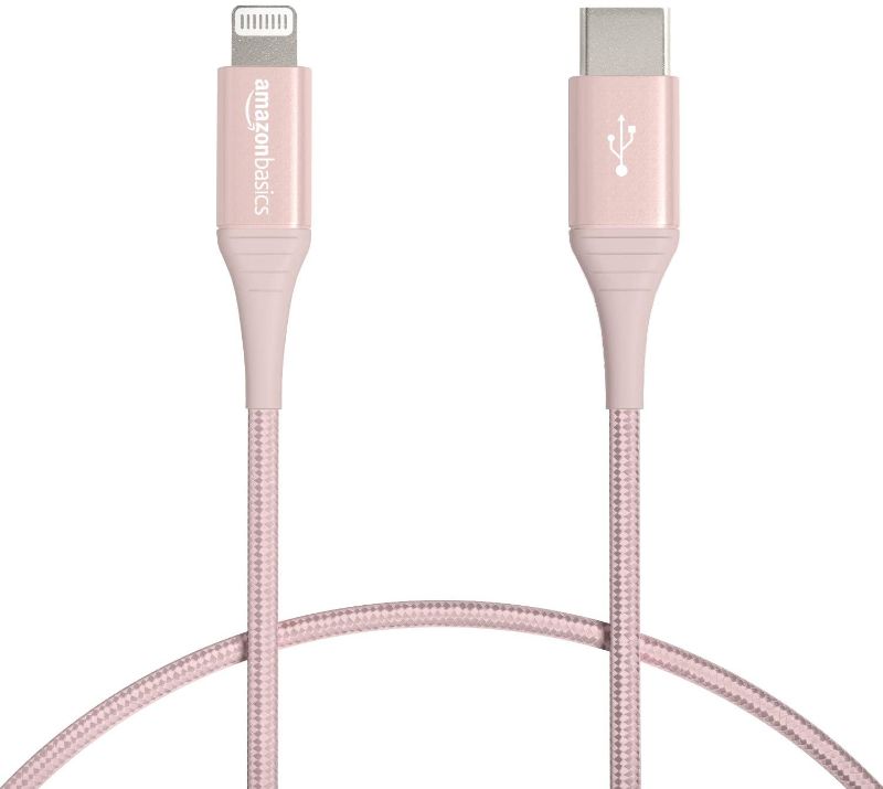 Photo 1 of Amazon Basics Nylon USB-C to Lightning Cable Cord, MFi Certified Charger for Apple iPhone 13/12/11, iPad, 10,000 Bend Lifespan - Rose Gold, 1-Ft
