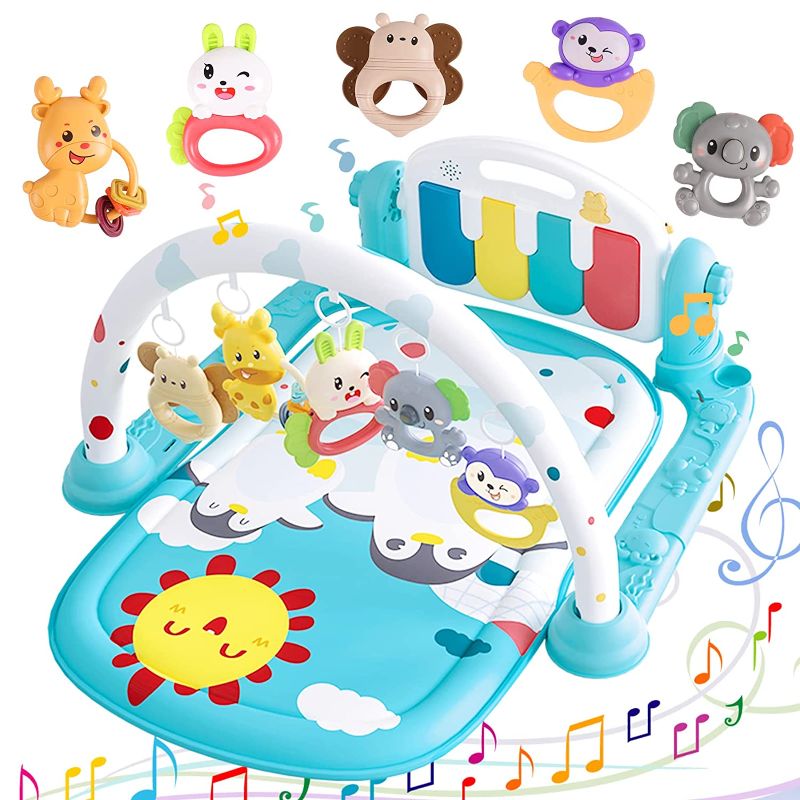 Photo 1 of Baby Play Gym Mats, Baby Kick and Play Piano Gym with Music and Lights, Baby Tummy Time Mat for Sensory Exploration and Motor Skill Development, Musical Activity Center for Infants Toddlers (Blue)
