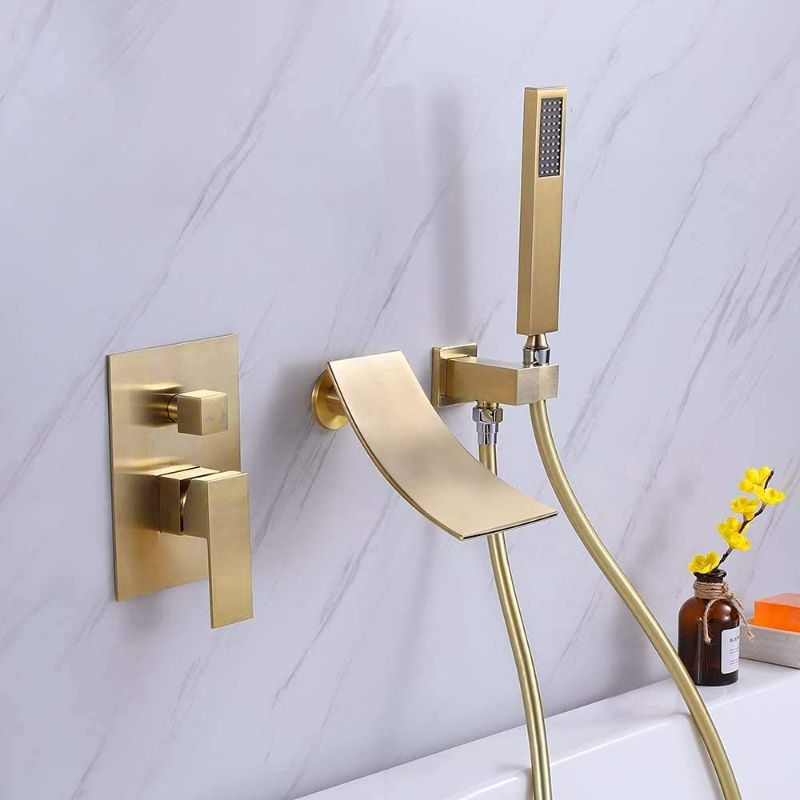 Photo 1 of DEOLER Wall Mount Bathtub Faucet with Handheld Shower, Brushed Gold Tub Filler with Hand Shower Widespread Waterfall Bathtub Faucet for Bathroom, Solid Brass Tub Faucet
