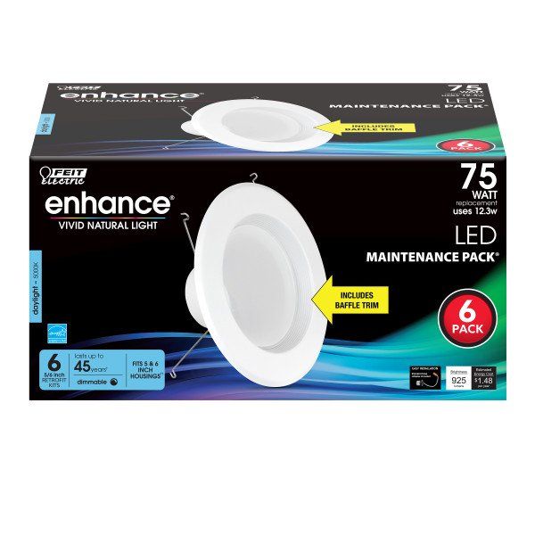 Photo 1 of Feit Electric Enhance 10.2-Watt(75W Equivalent) 5/6 in. Retrofit Kit Baffle Trim Recessed Downlight Daylight 5000K (6 Pack)
