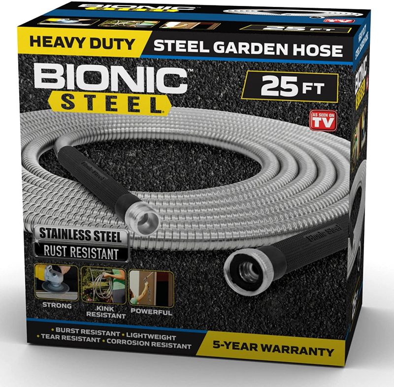 Photo 1 of Bionic Steel 25 Foot Garden Hose 304 Stainless Steel Metal Hose – Super Tough & Flexible Water Hose, Lightweight, Crush Resistant Aluminum Fittings, Kink & Tangle Free, Rust Proof, Easy to Use & Store
