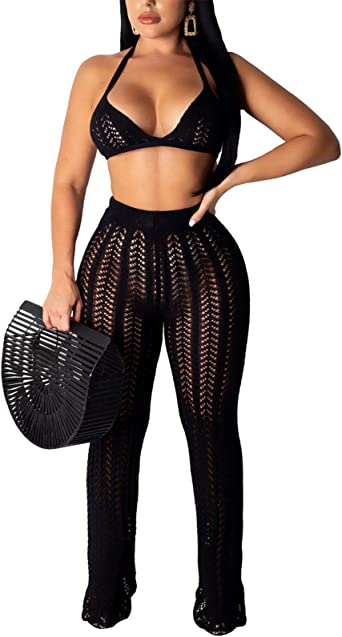 Photo 1 of  Women Two Piece Outfits Clubwear Hollow Out Bra Top Bikini and Long Pants Beach Cover Up size large